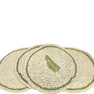 Placemats Set of 4 Organic Boho 14" Round Woven Raffia Green Accent Single Leaf‎